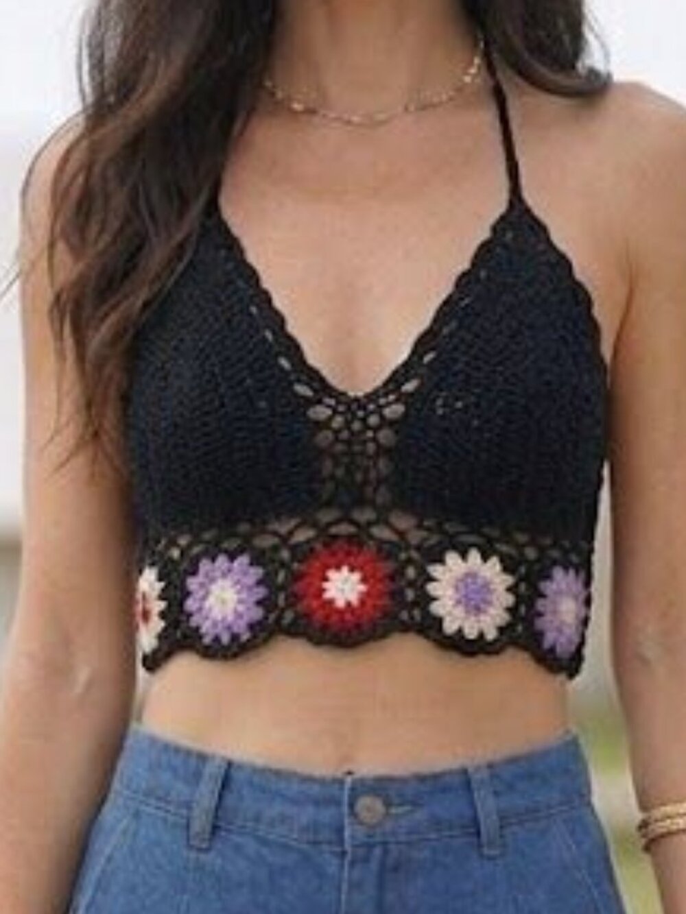 Black Multicolor Granny Squares Patchwork Crochet Halter Top Handmade